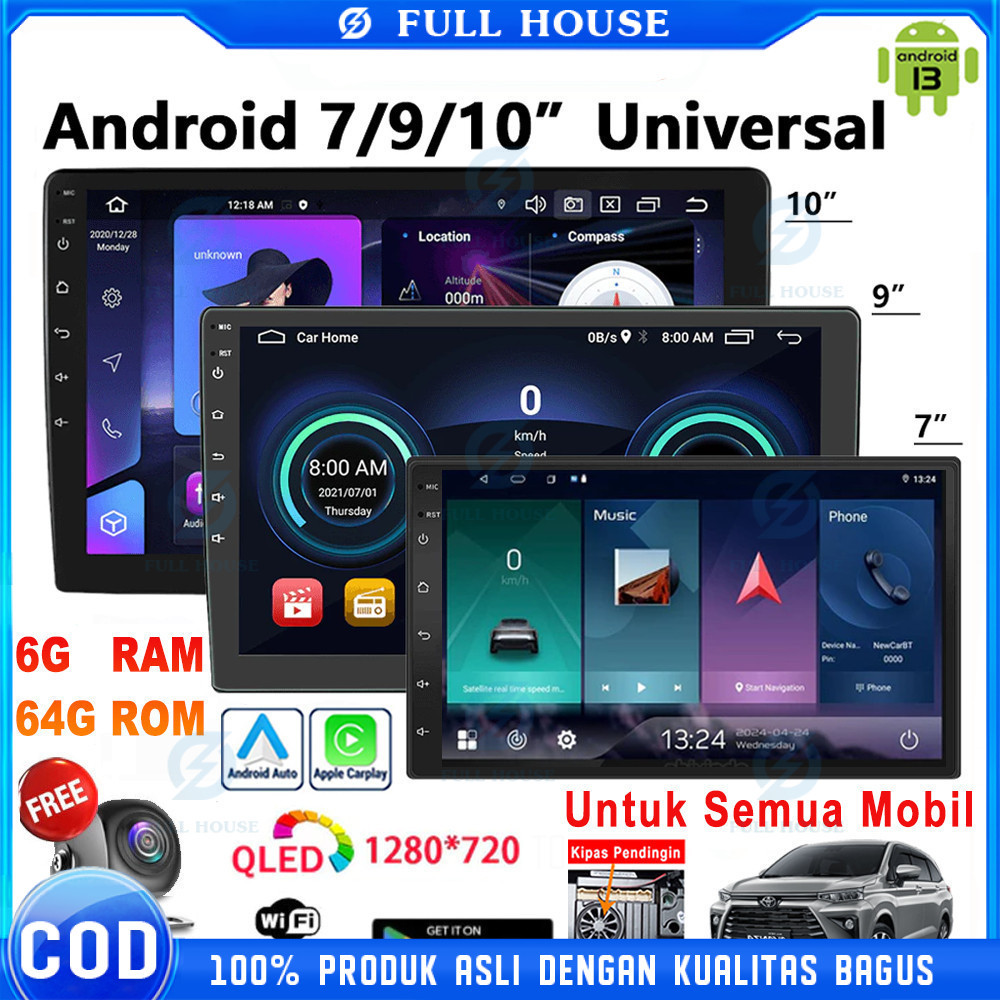 With Cooling System4G+32G/64G IPS Screen Head Unit 7/9/10 Inch Car Android 13 Navigasi Head Unit