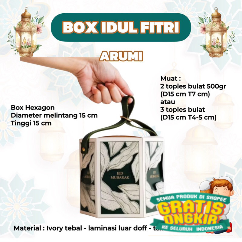 

ARUMI | Box Hampers Hexagon Idul Fitri muat 2 Toples Bulat 500gr / Dus Packaging Toples Cookies Lebaran Eid Mubarak/ keluarga oleh oleh
