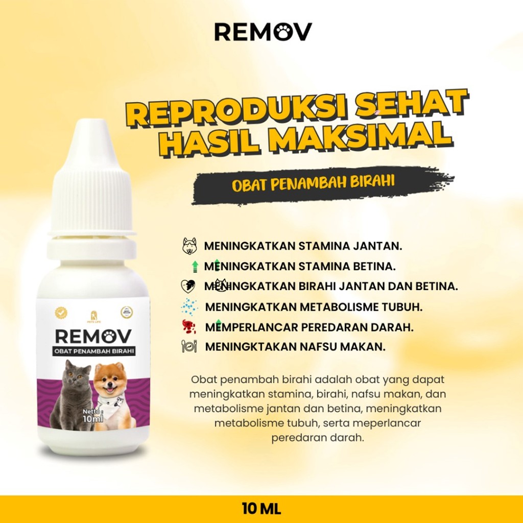 Obat Penambah Birahi Kucing Anjing REMOV 10 ml Peningkat Nafsu Birahi Stamina Hewan Jantan Betina