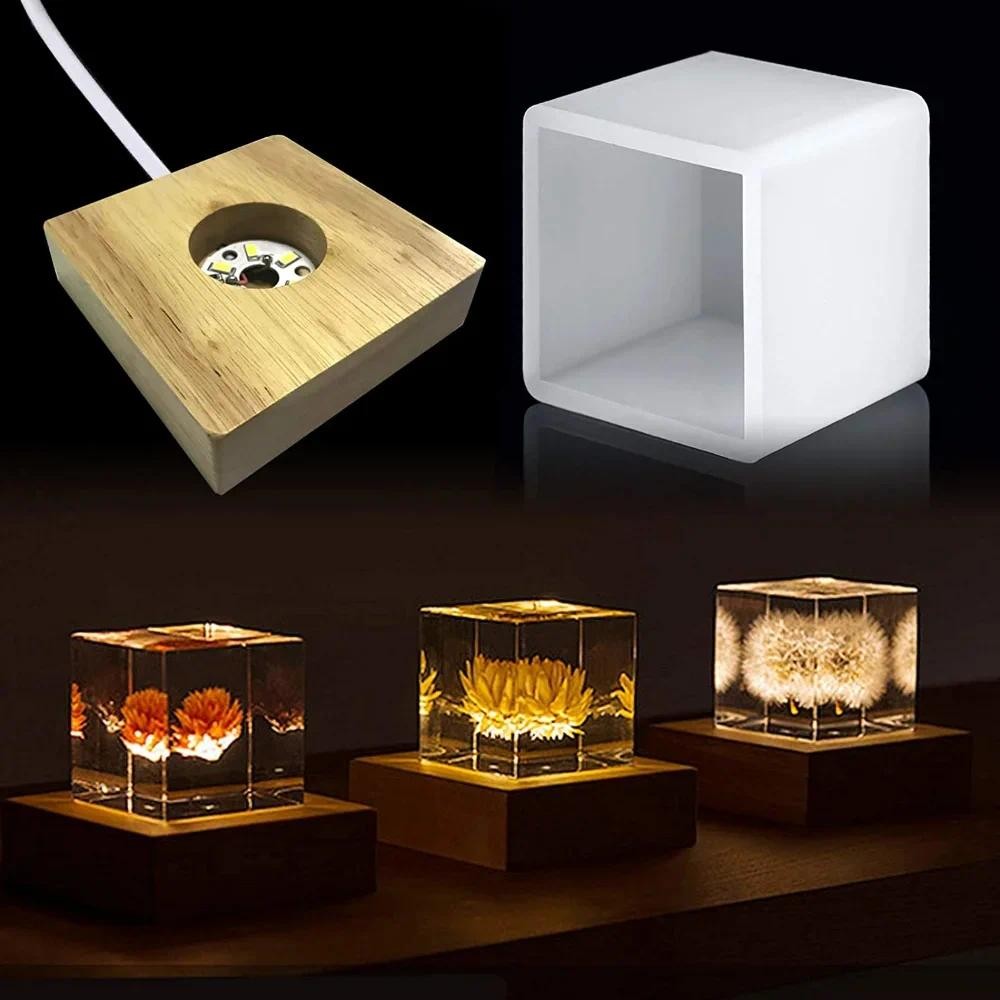 

Square LED Night Light Resin Mold Silicone For DIY Handmade Epoxy Resin Molds With Wooden Lighted Base Stand Artwork Exhibition