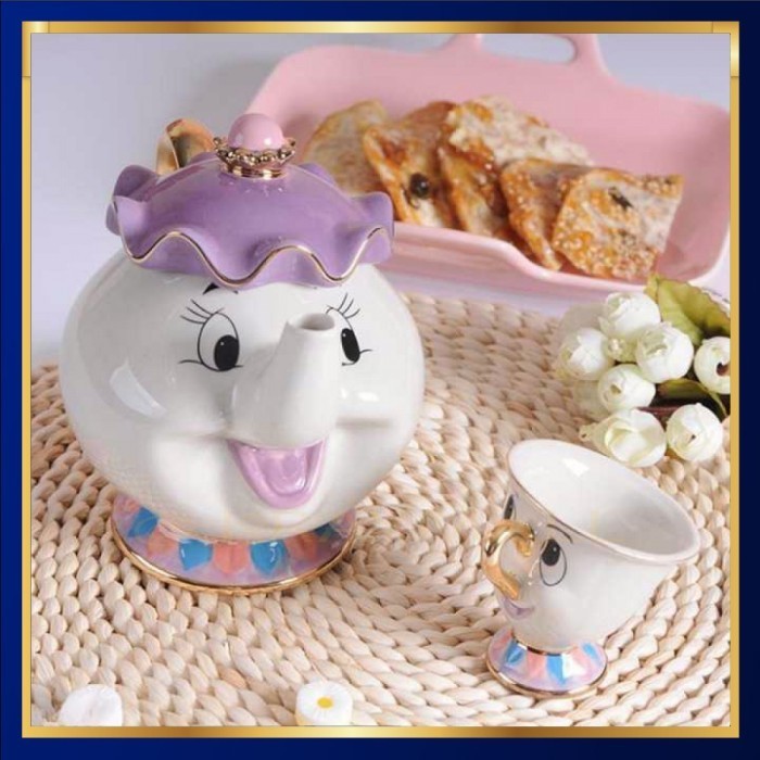 Set Teko Cangkir Teh Beauty and The Beast keramik putih Mrs Potts