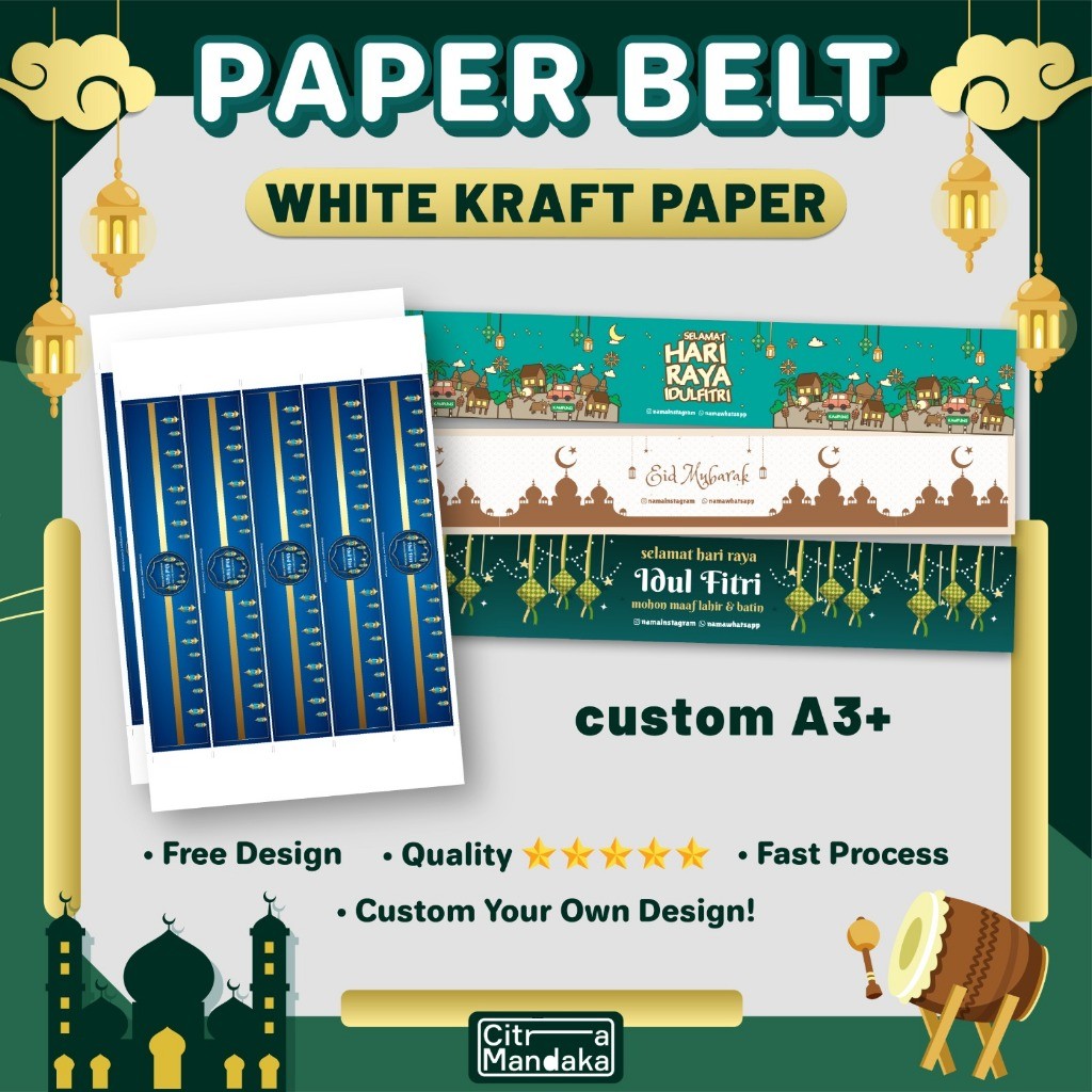 

UP - Paper Belt Idul Fitri Custom Premium White Kraft A3 Free Design | Label Hampers | Packaging Sleeve | Paper Sleeve | Label Segel Box