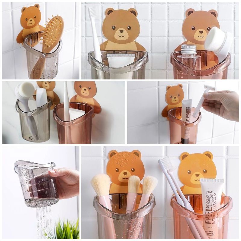 Tempat Sikat Gigi Odol Karakter Beruang / Gantungan Tempel Dinding / Rak Gantung Kamar Mandi / Holde
