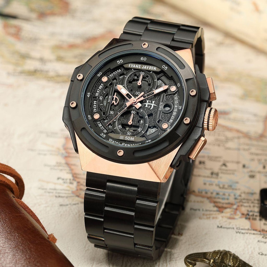 Jam Tangan Pria Evans Jayden 9547 Rantai Stainless Kaca Sapphire Water Resistant 5ATM