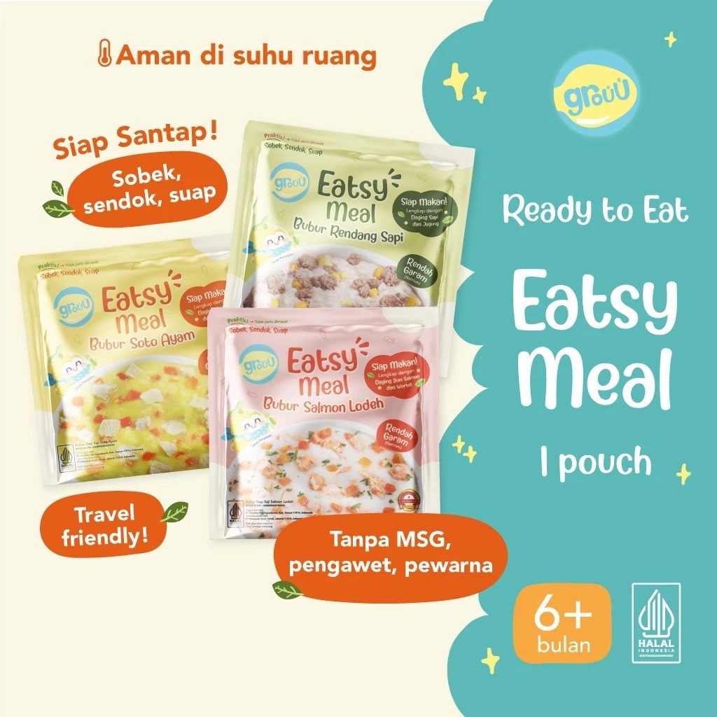 Grouu Eatsy Meals / Bubur Bayi Instan Anti GTM Siap Saji MPASI 6 Bulan+ (Tanpa Gula, Rendah Garam)