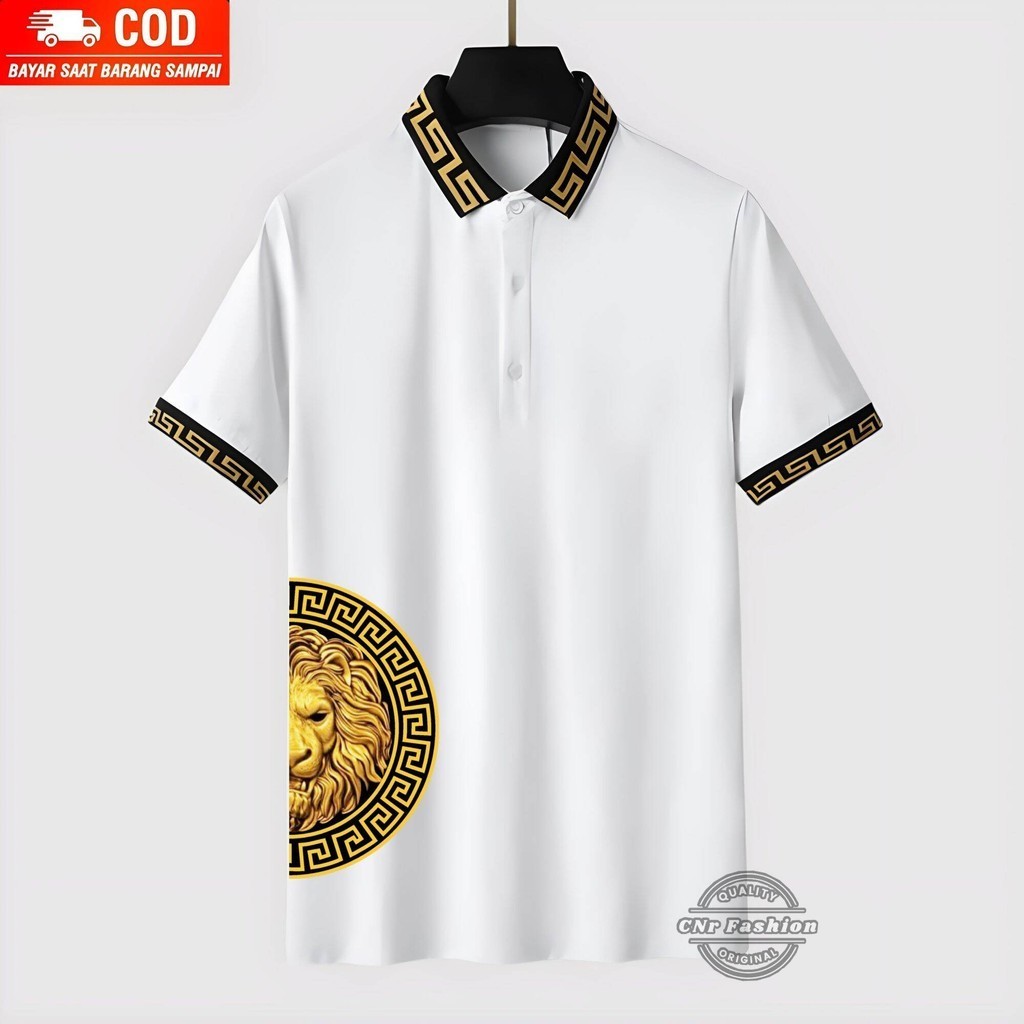 Baju Kaos Polo Shirt Pria Lengan Pendek Distro Kerah Kombinasi Warna Kuning Motif Setengah Sablon