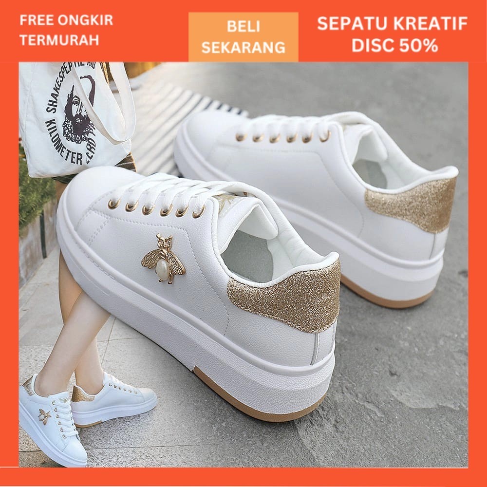 COD BISA.. Sneakers Sepatu Putih Wanita Korean Style Buterfly Series Cream Putih Hitam Bot Tinggi Mu