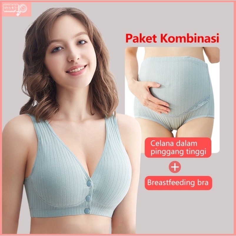 Bra Menyusui Jumbo Kancing Depan Tanpa Kawat Katun Nursing Bra Set Pakaian Dalam Depan Gesper Wanita