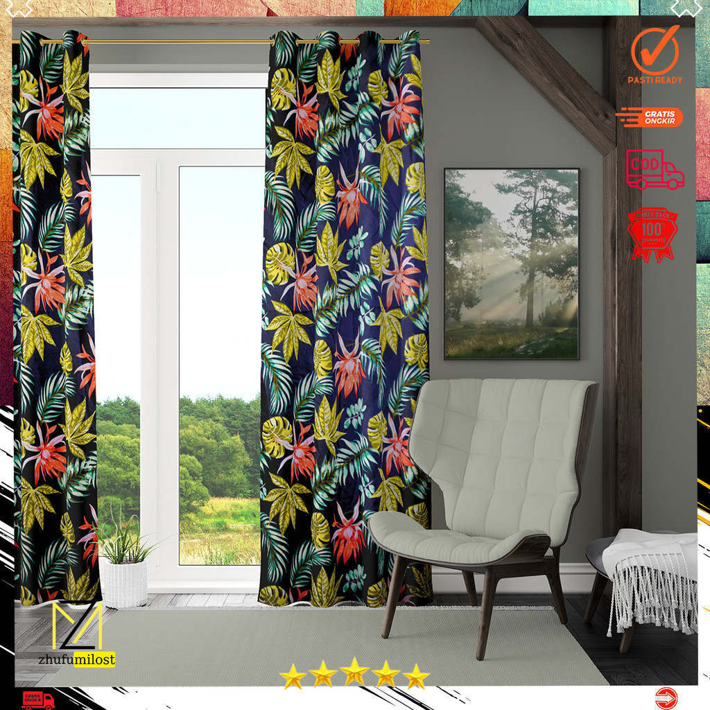 Gorden Jendela Hordeng Pintu Minimalis Ring Smokering Motif Bunga Termurah