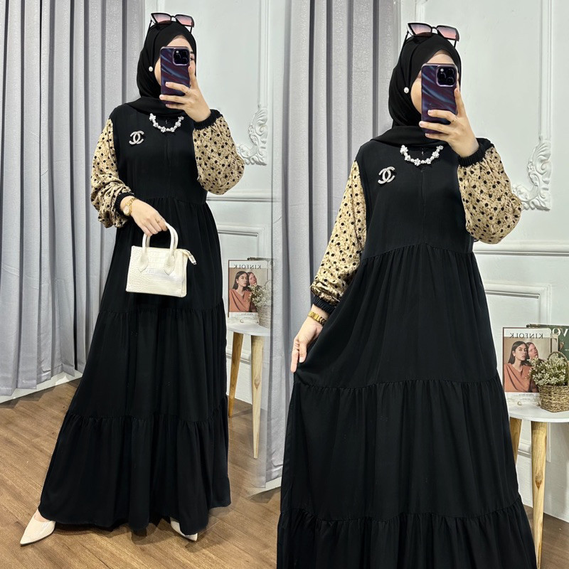 GAMIS MIDI DRESS SUSUN KOMBINASI BAHAN RAYON TWILL BUSUI FASHION WANITA Promo Idul Adha