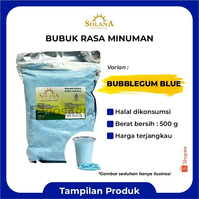 

Bubuk Rasa BUBBLE GUM BLUE Serbuk Minuman Permen Karet Biru Merk SOLANA Premium Kekinian