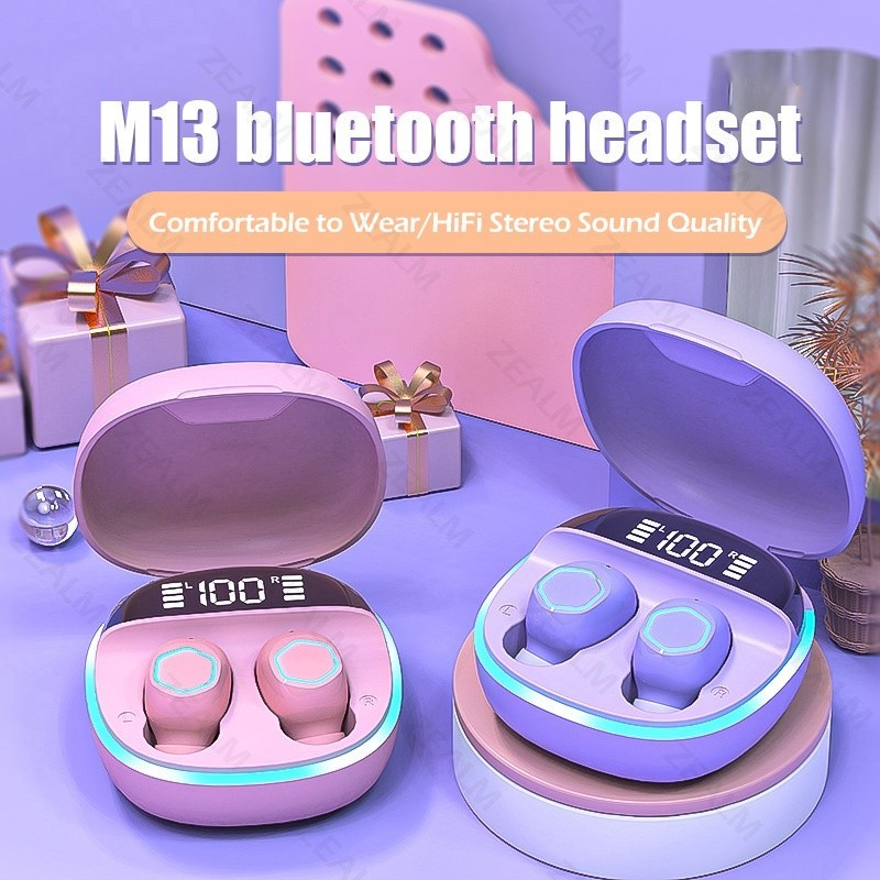 PRODUK TERBARU # M13 Macaron Headset Bluetooth TWS with Mic Breathing Light Case Led Display Screen 