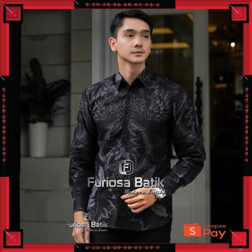 [PREMIUM ORIGINAL] Furiosa Batik Shopee Mall Mahkota Abu Kemeja Batik Pria Lengan Panjang Ukuran M L