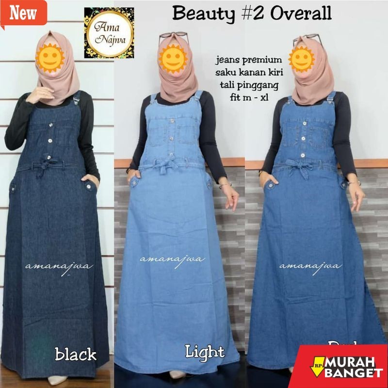Jumsuit Wanita Kekinian Promo》Beauty Overall Rok Panjang Jeans Wanita Wash Tali Pinggang Saku Kanan 