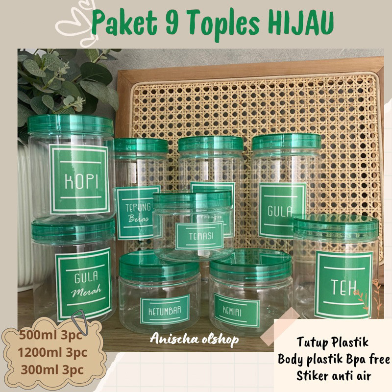 Paket Hemat 9 Toples Bumbu Dapur Tutup HIJAU Transparan Free Stiker Anti air