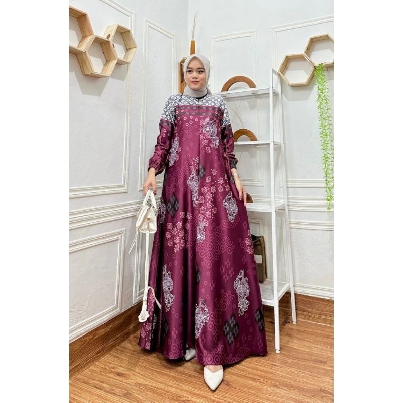 Gamis Jumbo Silk Print Motif batik Terbaru / Gamis Silk Premium / Gamis Pesta / Gamis Jumbo//BAJU WA