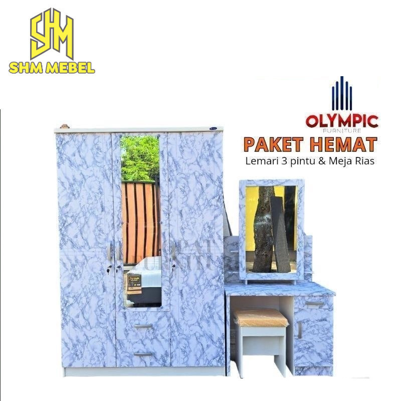 MURAH Set Lemari 3 Pintu dan Meja Rias Kaca Sliding - Lemari  dan Meja Rias Murah - Satu Set
