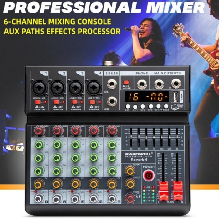 AGEN Hard Well Reverb 6 Reverb6 Mixer 4 Channel Soundcard USB Bluetooth