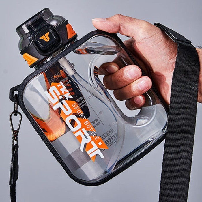 ✨NEW✨ -TKK1022 Botol Minum 2 Liter Tali Panjang Sedotan & Teguk 2 In 1  - Hitam-1.6 Liter