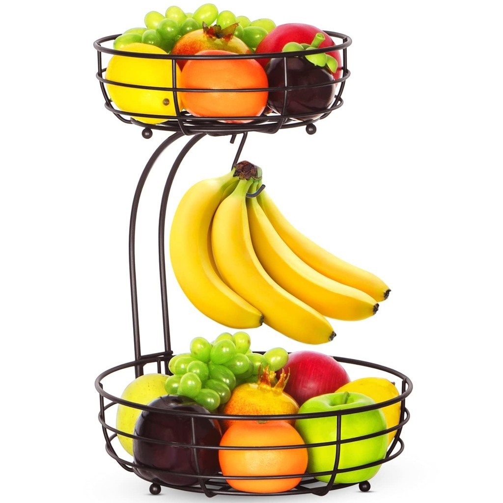 2-Tier Countertop Fruit Basket Bowl with Banana Hanger Metal Wire Fruits Stand Holder Storage Organi