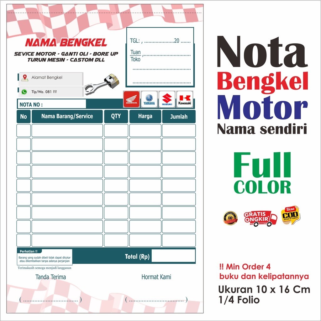 

nota bengkel motor custom nama bengkel sendiri full color