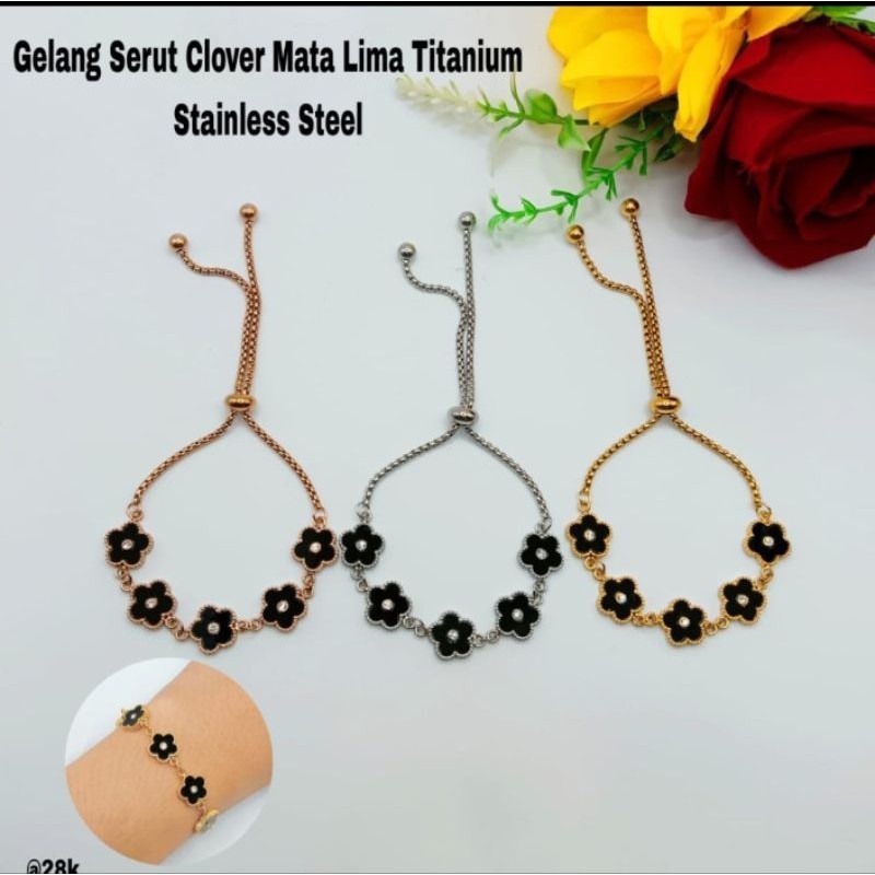 Gelang Serut Clover Mata 5 DiLapis Emas 18K Titanuim Stainless Steel Anti Luntur - Gelang Perhiasan 