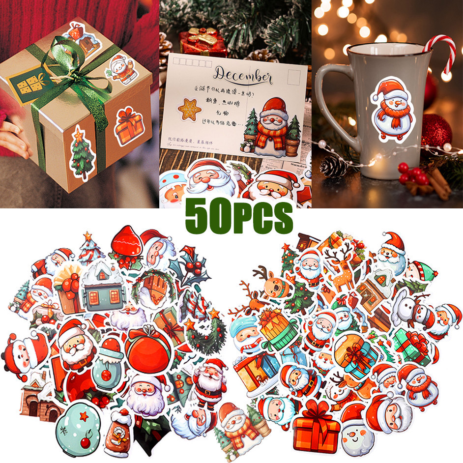 

50pcs Christmas Series Kids Handmade DIY Decorative Stickers Toy Cartoon Santa Claus Pattern Strong Stickers Holiday Gift Deco