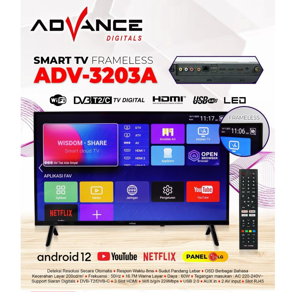 ADVANCE ADV-3203A LED Televisi 32 inch SMART TV FRAME LESS Android TV Panel LG Garansi Resmi 1 Tahun
