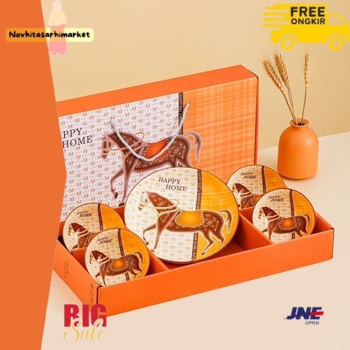 

✨LARIS✨ -Hadiah Piring Set Kuda Orange / Hampers Imlek Mangkok Jepang Gift Box - 1Plate + 4Bowl
