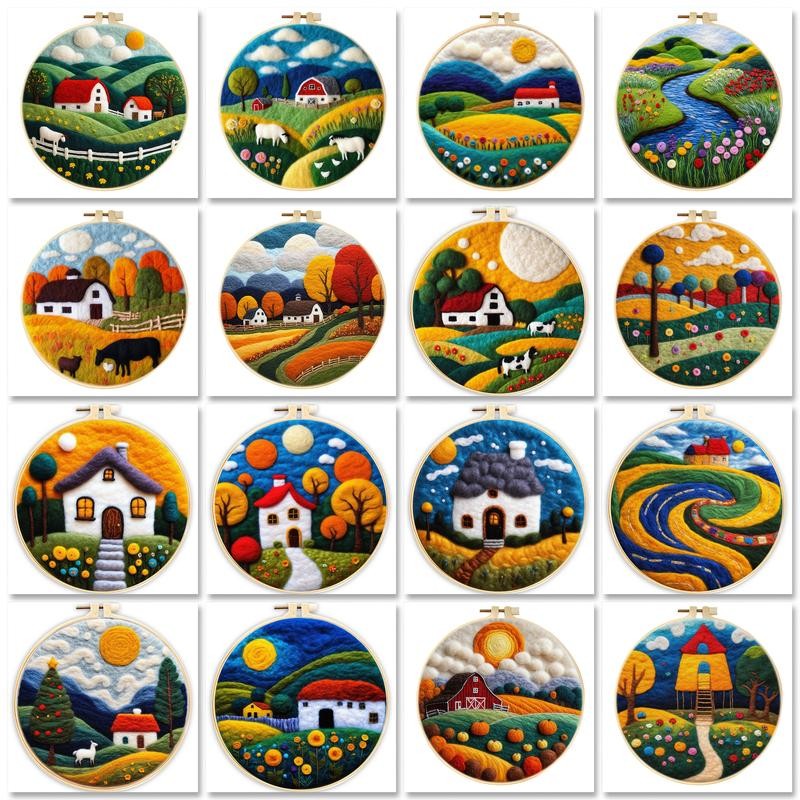 

GATYZTORY Wool Felting Painting Colorful House Scenery Starter Kit Needle Felting Picture Wool Felting Painting Tool Kit Gift ﻿