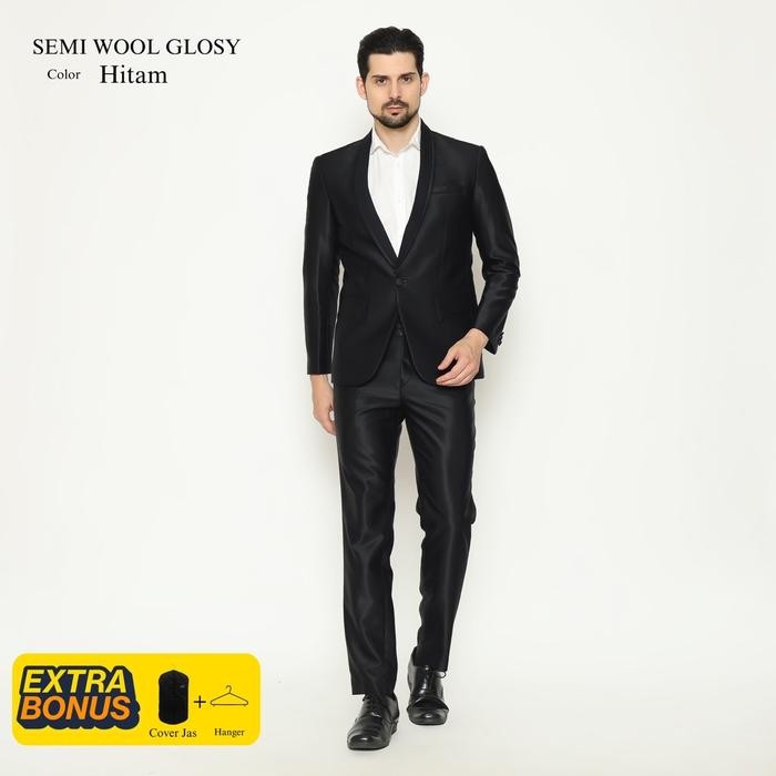 HWTAILOR JAS FULL SET SEMIWOOL GLOSY PENGANTIN Casual Blazer Pria Celana - Hitam txd, S