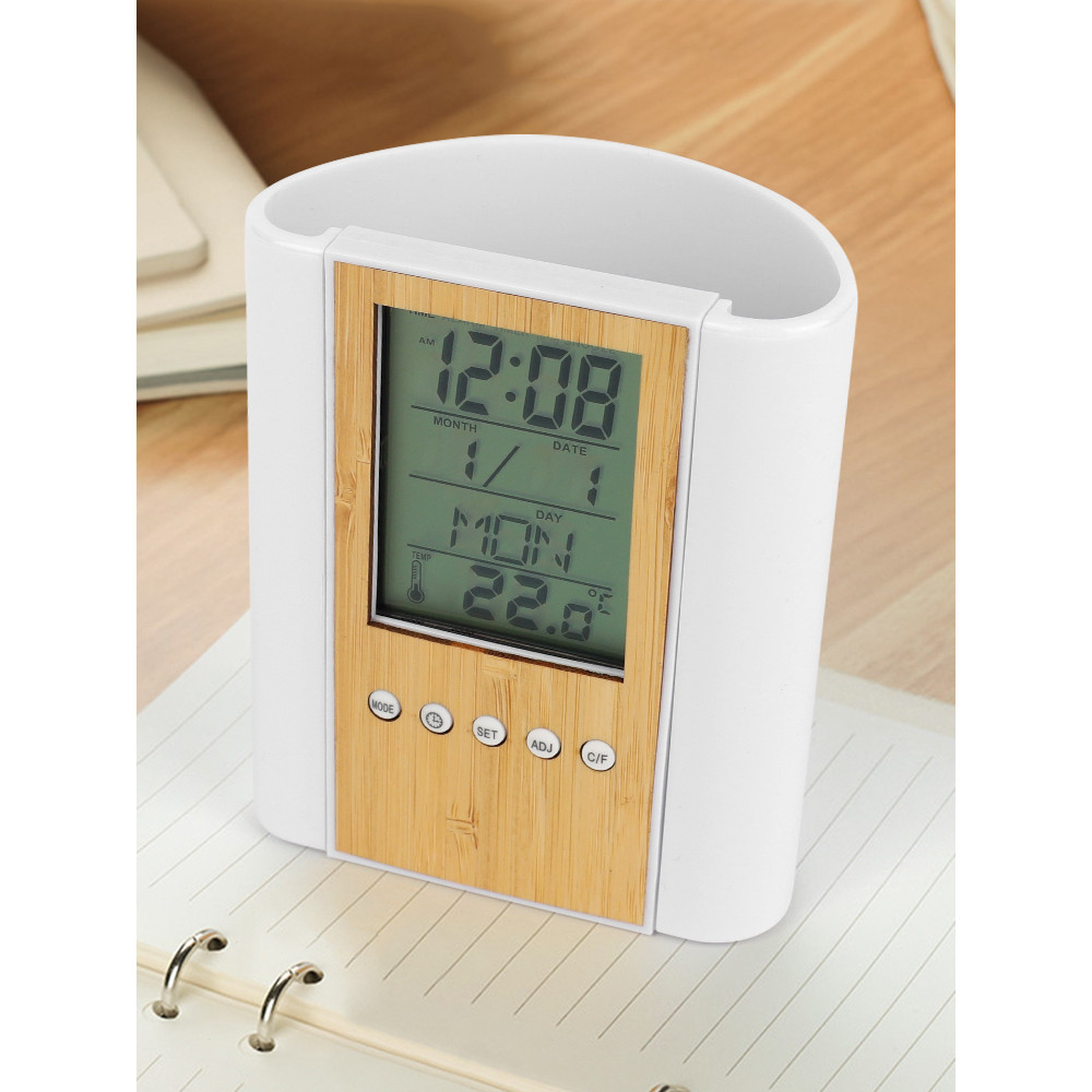 

Clock Pen Holder Date Time Display Temperature Detection Ornaments Desktop Storage Decorative Perpetual Calendar Pen Holder