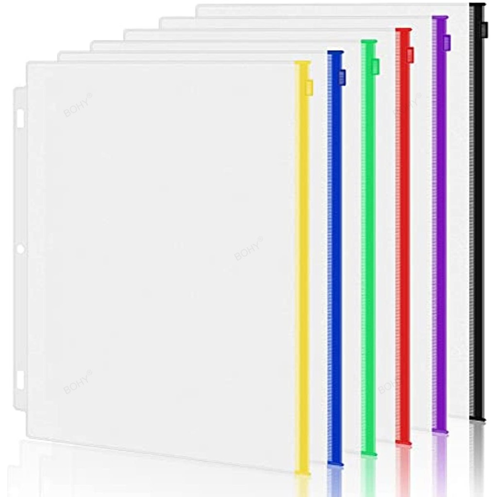 

A5 A6 A7 Color 6PCS Binder Pockets Binder Zipper Folders for 6-Ring Notebook Binder Waterproof PVC Leaf Document Filing Pocket