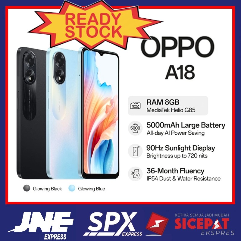 HP OPPO A18 Ram 8/256GB Smartphone LET 6.56 inch Dual SIM 50MP+8MP Handphone