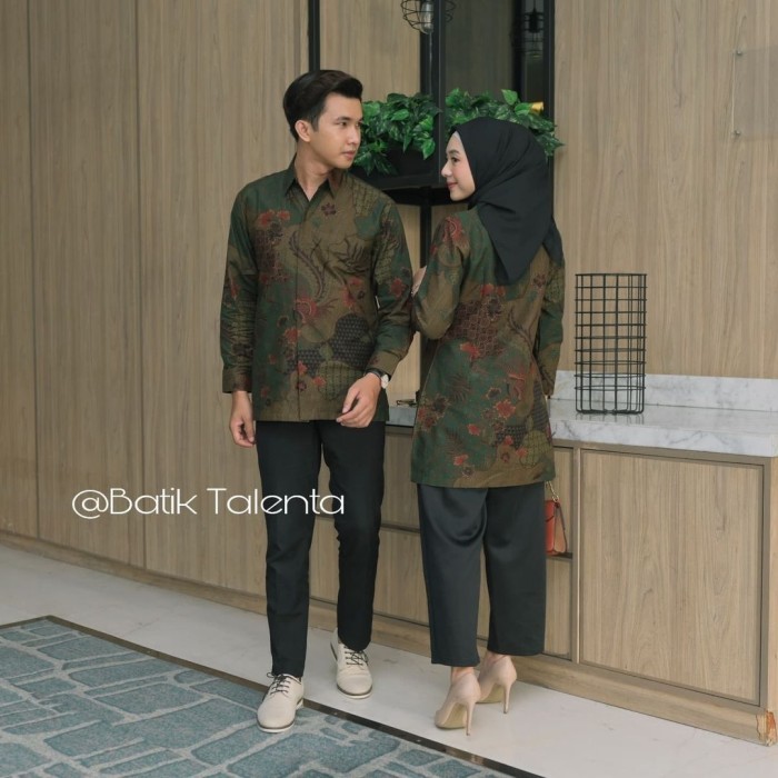 Batik Couple Bahan Katun Baturadenn warna hijau army - S, Cewe