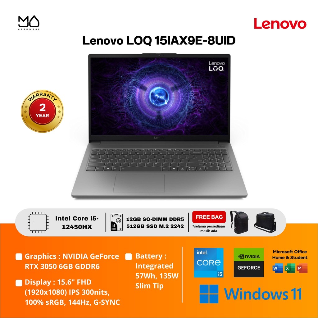 Laptop Lenovo LOQ 15IAX9E Intel i5-12450HX 12GB SSD 512GB RTX3050 - Garansi Resmi