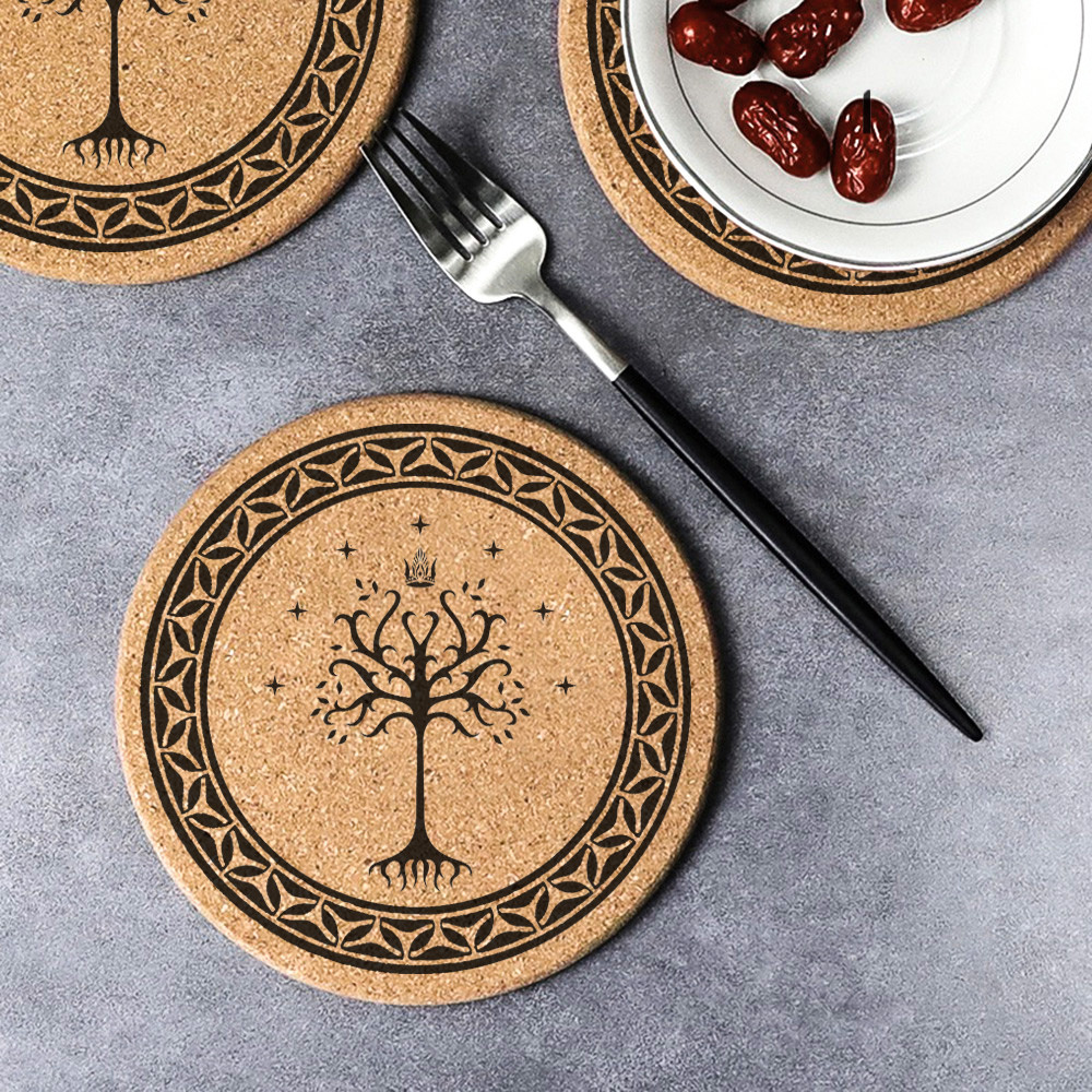 

2Pcs Engraved Lord of the Rings Round Cork Pot Mat Heat Resistant Pans Bowl Cup Placemat Coaster Tableware Pad Kitchen Gadget