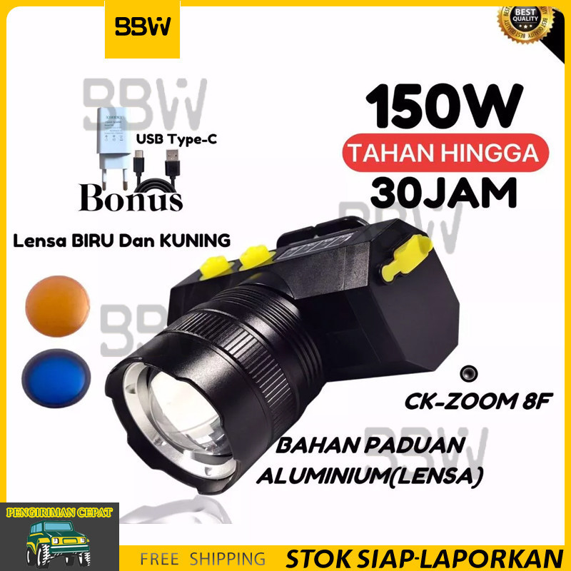 【COD】Senter Kepala Zoom Senter Kepala Super Terang 150/100Watt Teleskop LED Fokus-KS
