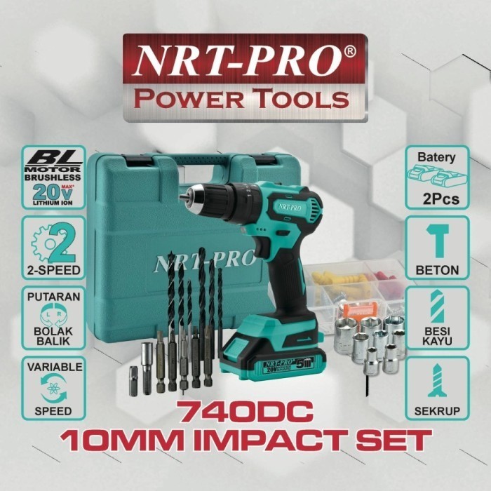 NRT Bor Cordless Set DC-740 PRO Brushless 20V DC 740 Bor Baterai 20 V