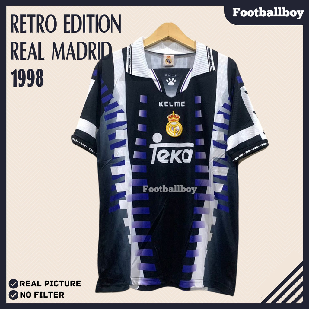 JERSEY BAJU BOLA REAL MADRID RETRO VINTAGE THIRD 3RD 1997 1998 BLACK HITAM GRADE ORI IMPORT