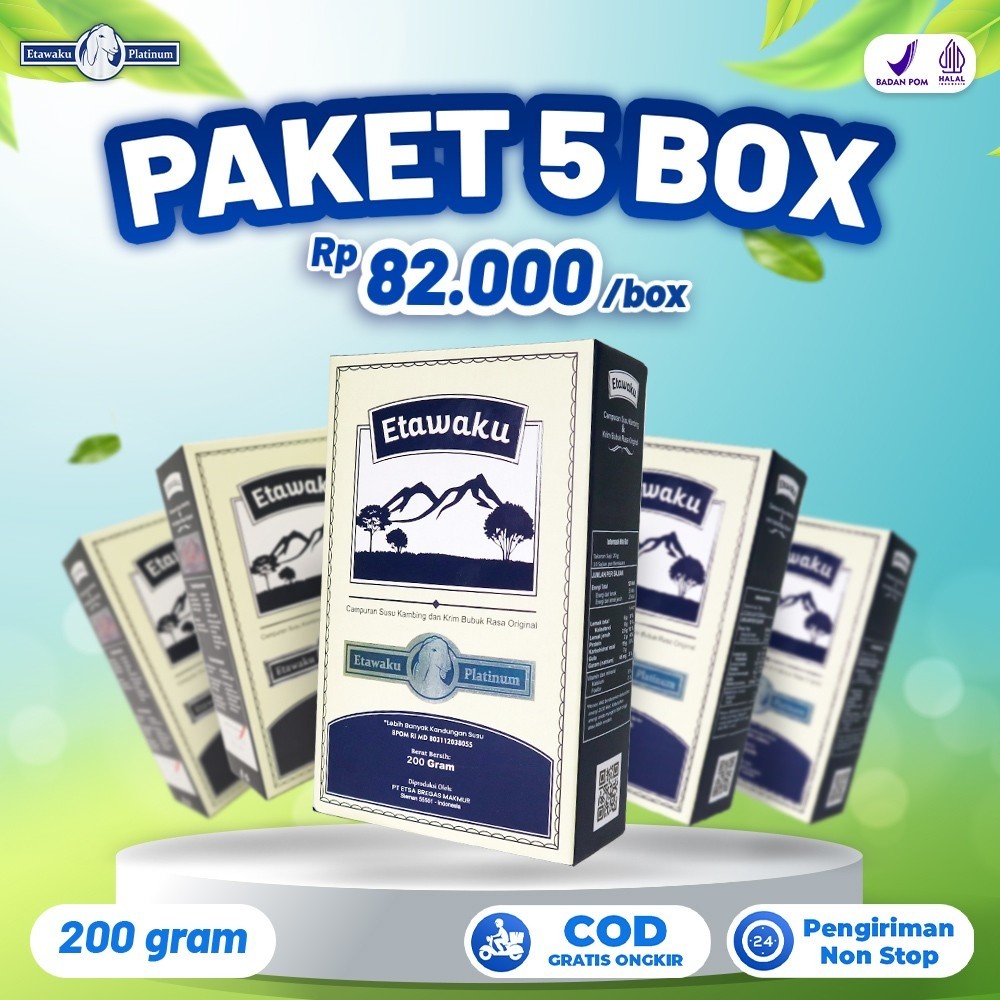

PAKET 5 BOX ETAWAKU PLATINUM - Susu Kambing Etawa Provit Solusi Atasi Masalah Gangguan Pernapasan / Asma / Lutut Sakit Tulang Sakit Nyeri Sendi Tulang Keropos Osteoporosis Obat Nafas Napas Lega Minuman Kesehatan Termurah Terlaris Terampuh 200 gram