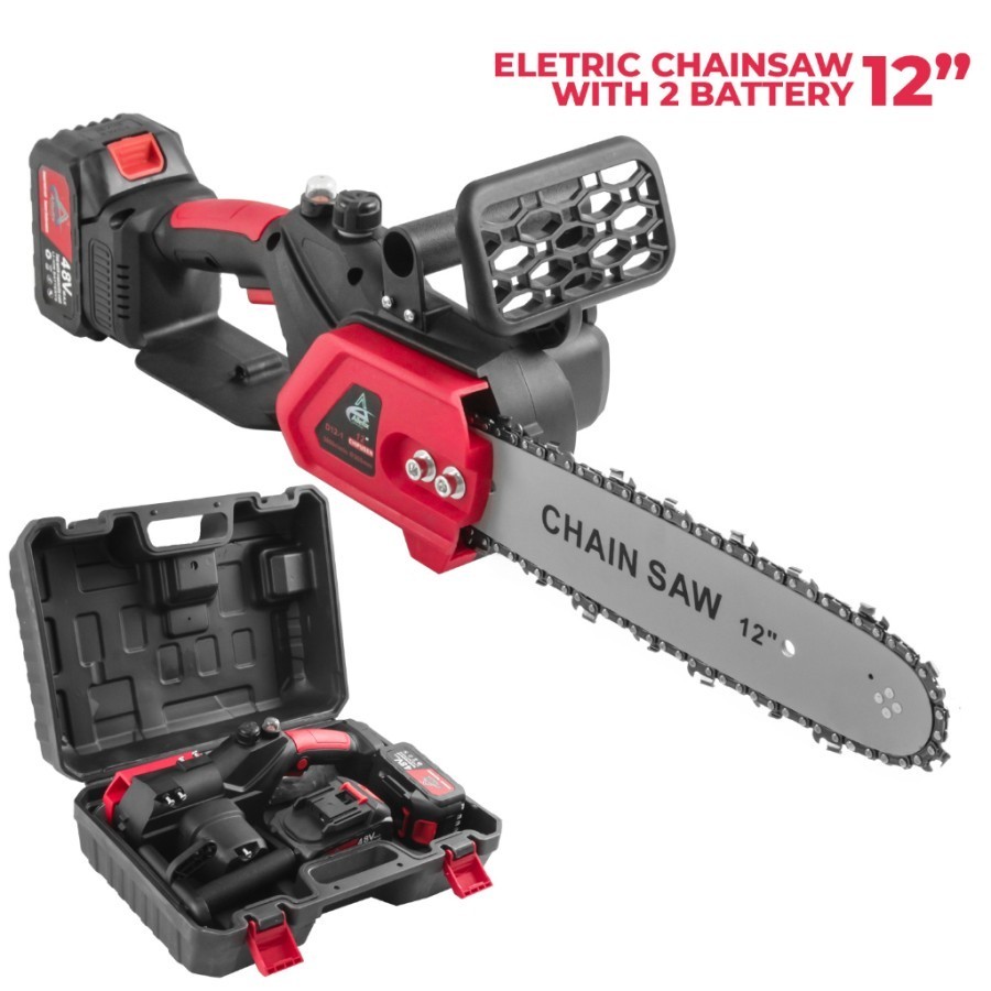 Mesin Pemotong Kayu Elektrik 12 Inch Portable Chain Saw Cordless Sinso F8771 Paket Set 2 Batre Cas