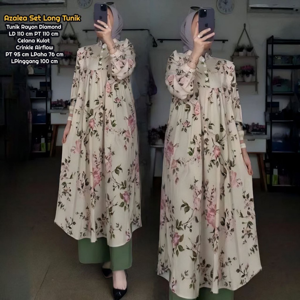 Azalea Set - One Set Wanita Long Tunik Rayon Diamond Premium Setelan Wanita Kekinian Celana Kulot