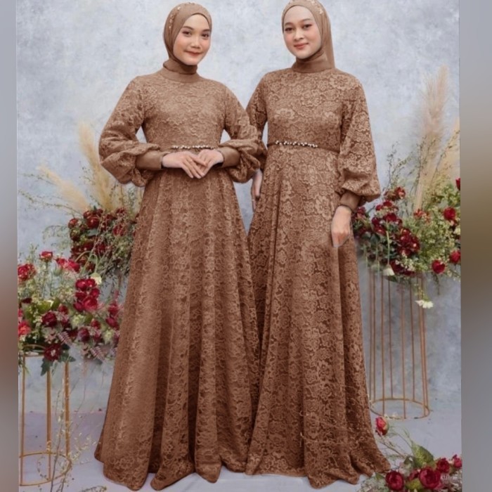 Gamis Gendis mocca dress baju muslim pesta mewah brukat tulang  - M