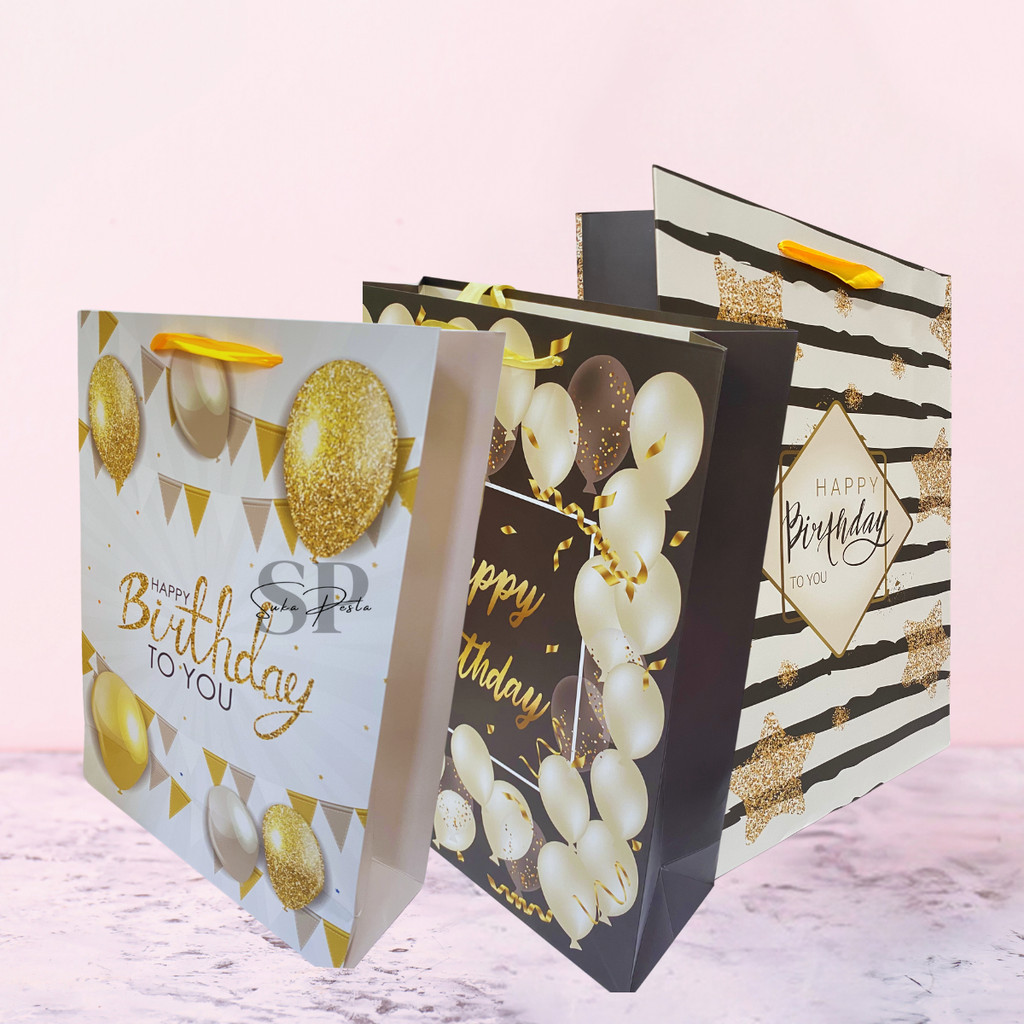 

Paper Bag Ultah Kado HBD Hitam Gold / Tas Kado Ulang Tahun / Goodie Bag