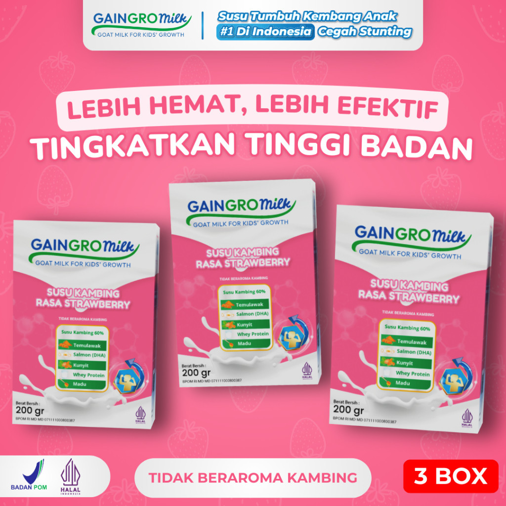 

SUSU KAMBING ANAK SPECIAL PAKET 3 BOX RASA STRAWBERRY Penambah Tinggi Badan Anak GainGro Milk Shop