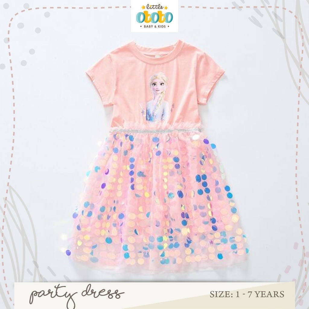 Dress Anak Bayi SEQUIN SOFT PINK Princess Elsa Frozen Disney - Baju KOREA Baby Bayi Anak Gaun Tile T