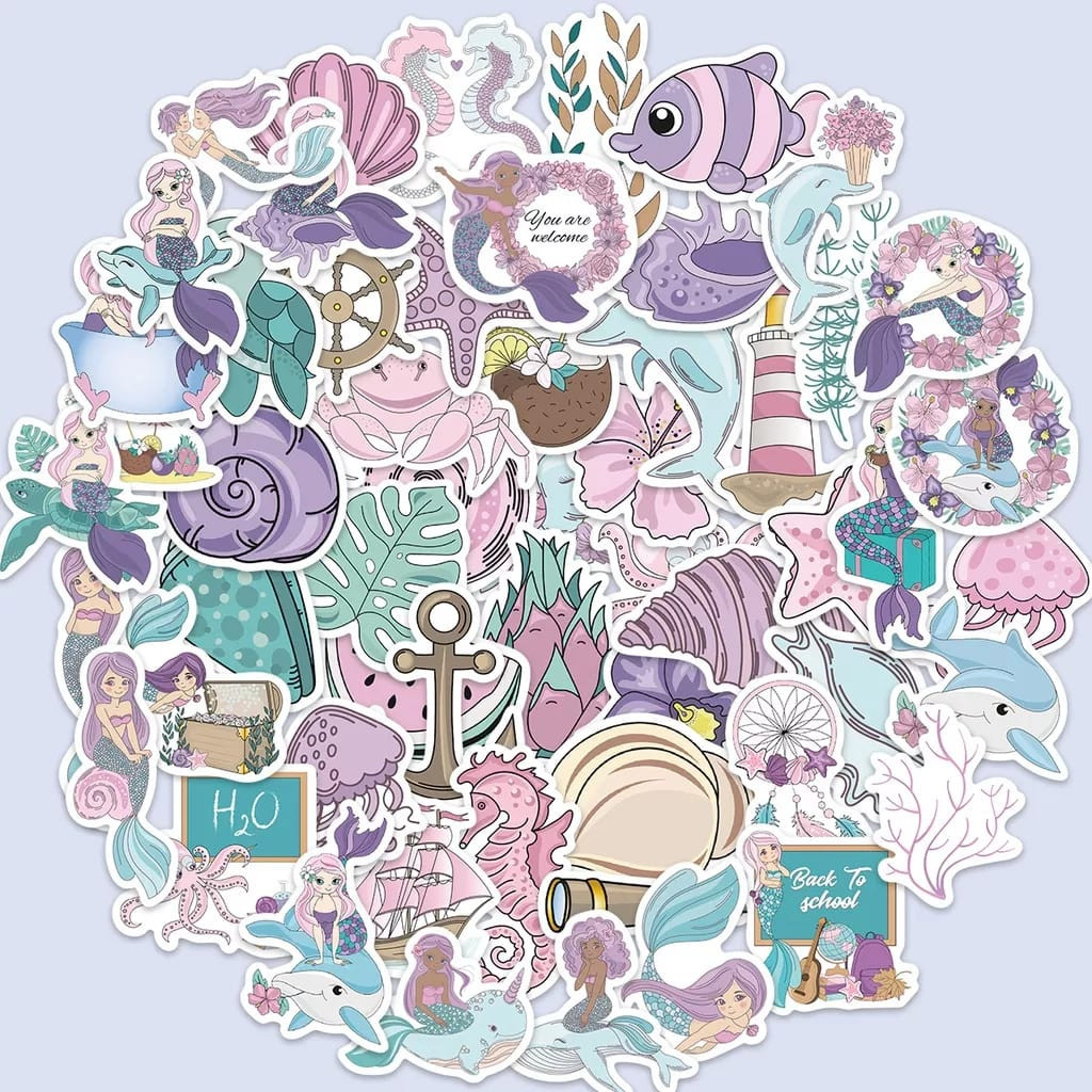 

[ , ] 3pcs Stiker Lucu Kartun Mermaid Ungu Animal Aesthetic untk Handphone, Laptop