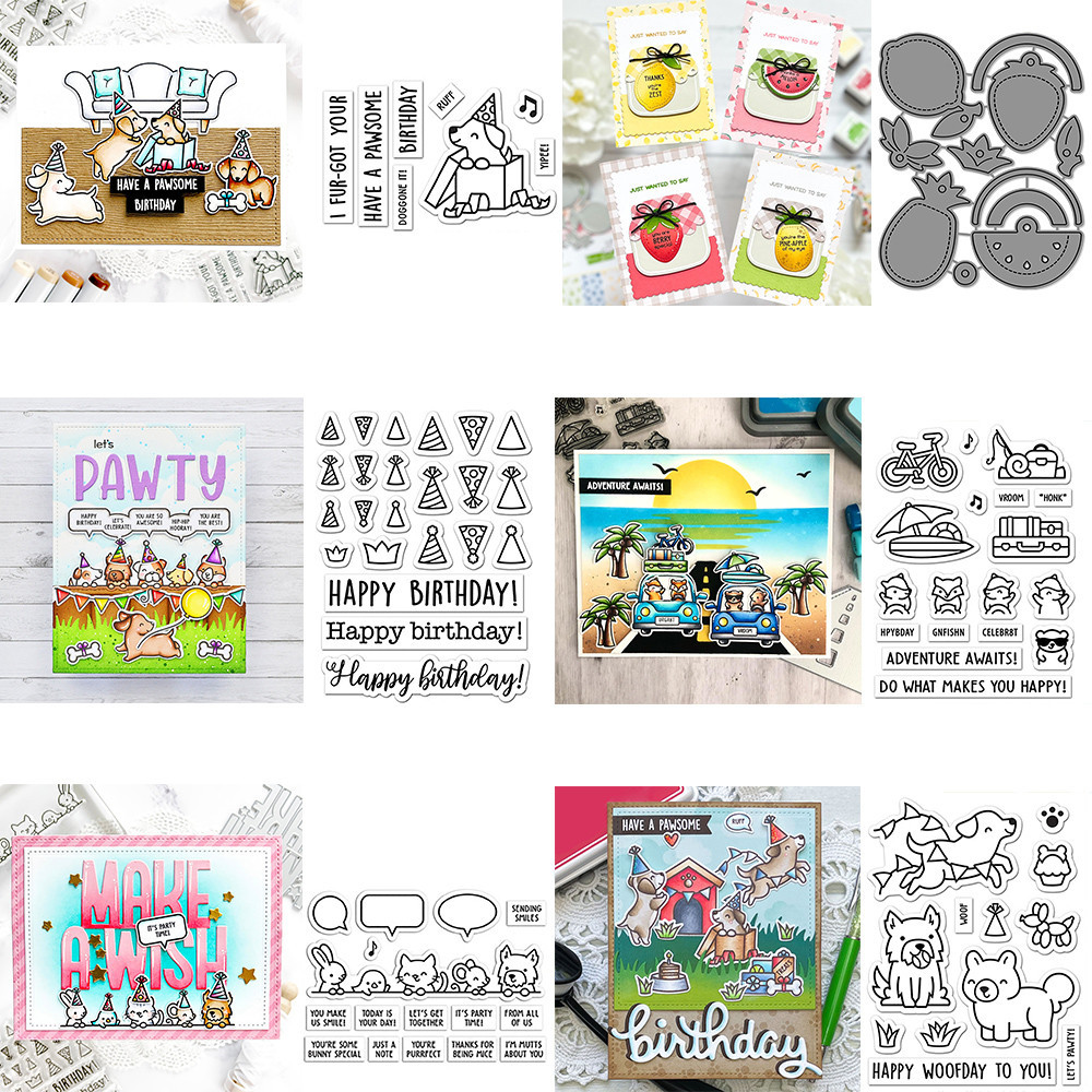 

Happy Birthday Cute Dog Animal Cutting Dies And Stamps Strawberry Fruit Celebrate Words Stamp For DIY Scrapbooking Card Making