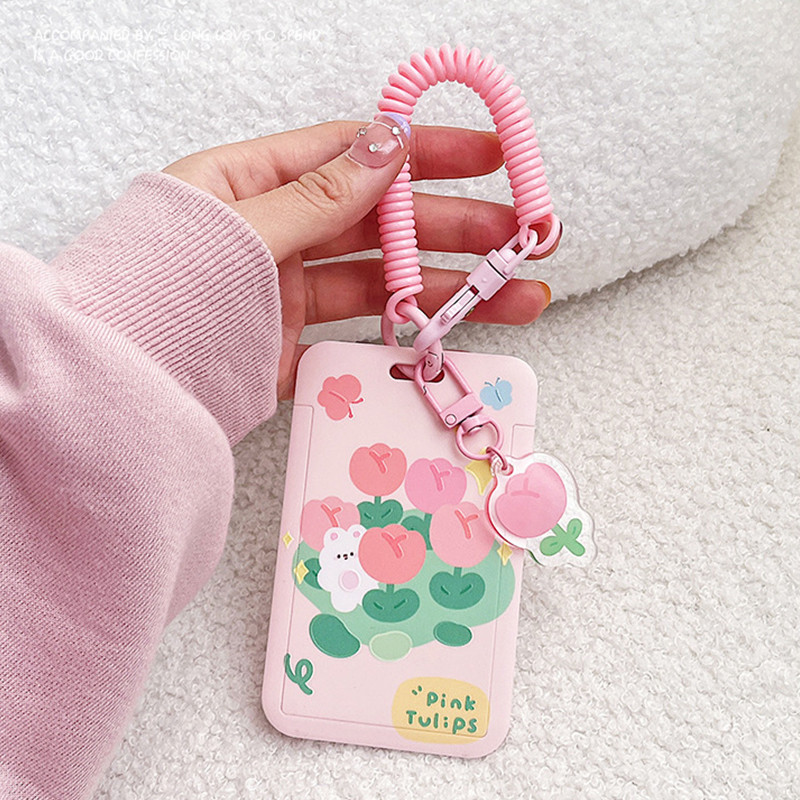 

Cartoon Tulip Lucky Bear Ins Photocard Holder Keychain Kpop Students Card Protectors Pink ID Bank Cards Cover School Stationery